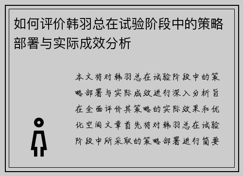 如何评价韩羽总在试验阶段中的策略部署与实际成效分析
